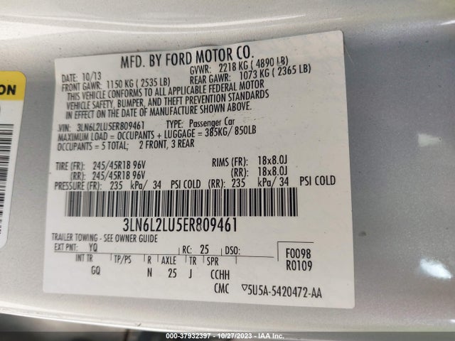 2014 LINCOLN MKZ HYBRID VIN: 3LN6L2LU5ER809461