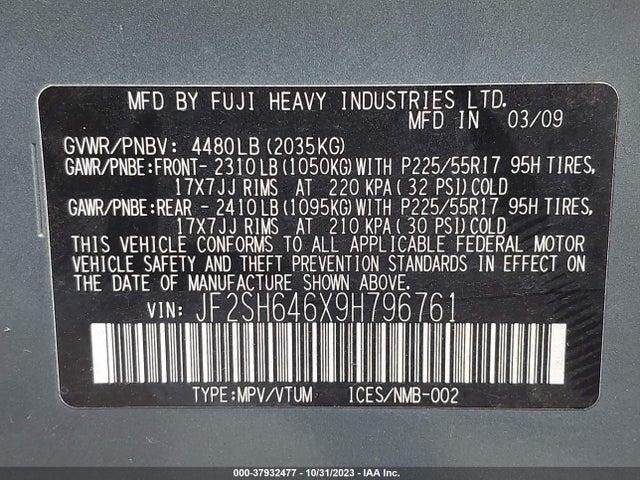 2009 SUBARU FORESTER 2.5X LIMITED VIN: JF2SH646X9H796761