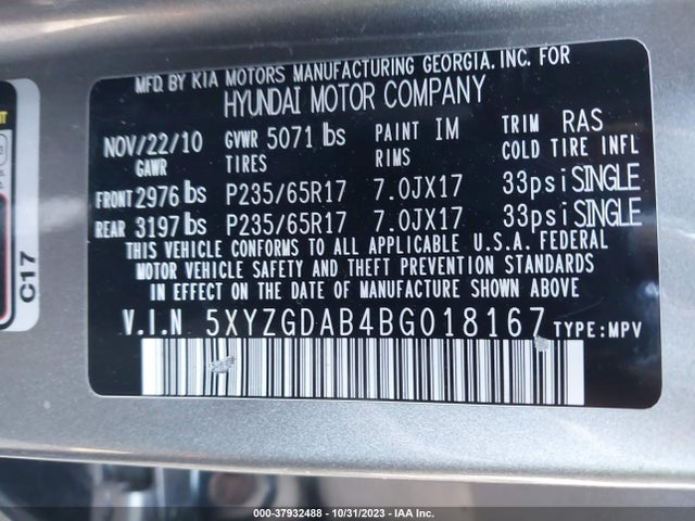 2011 HYUNDAI SANTA FE GLS VIN: 5XYZGDAB4BG018167