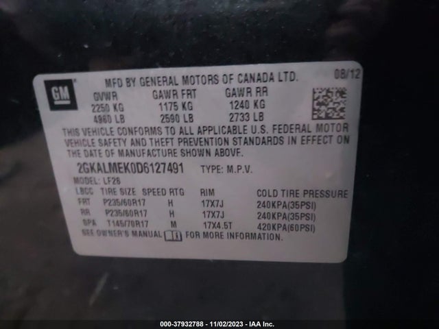 2013 GMC TERRAIN SLE VIN: 2GKALMEK0D6127491
