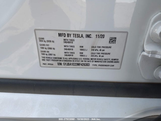Tesla Model S Long Range Dual Motor 2021 5YJSA1E22MF426303 Image 9