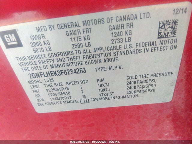 Chevrolet Equinox Ltz 2015 2GNFLHEK3F6234263 Image 9
