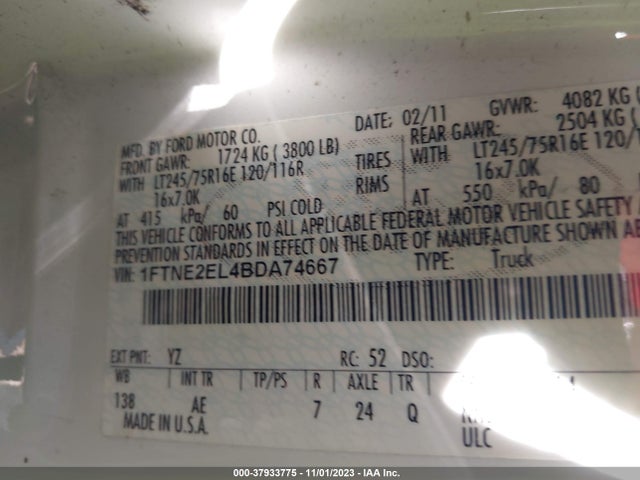 2011 FORD E-250 COMMERCIAL VIN: 1FTNE2EL4BDA74667