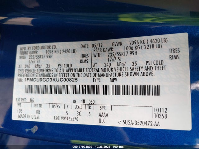 Ford ESCAPE SE 2019 1FMCU0GD3KUC00825 Image 9