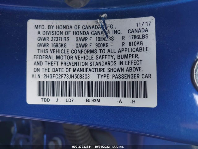 Honda CIVIC EX 2018 2HGFC2F73JH508303 Image 9