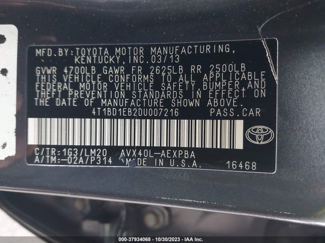 2013 TOYOTA AVALON HYBRID LIMITED VIN: 4T1BD1EB2DU007216