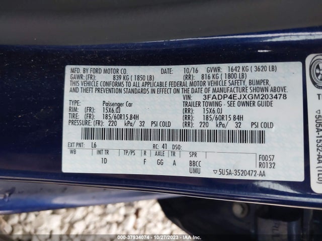 2016 FORD FIESTA SE VIN: 3FADP4EJXGM203478