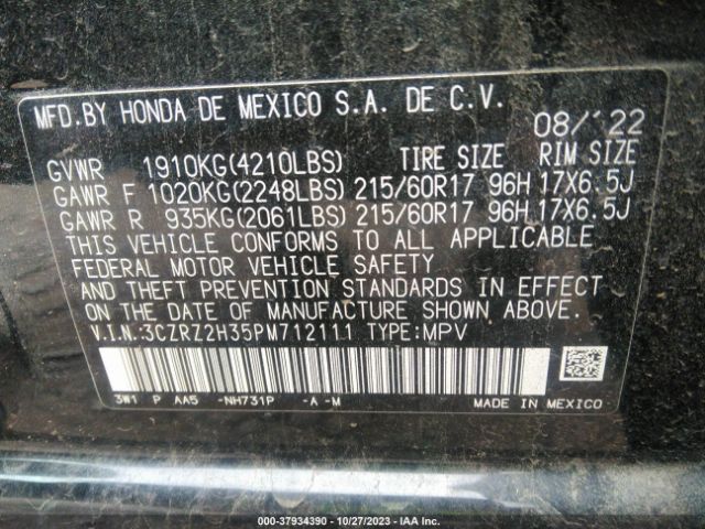 3CZRZ2H35PM712111 Honda Hr-v Awd Lx
