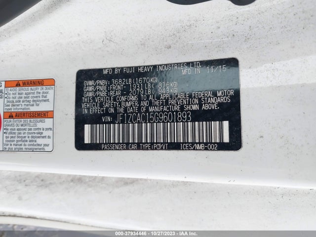 2016 SUBARU BRZ LIMITED VIN: JF1ZCAC15G9601893