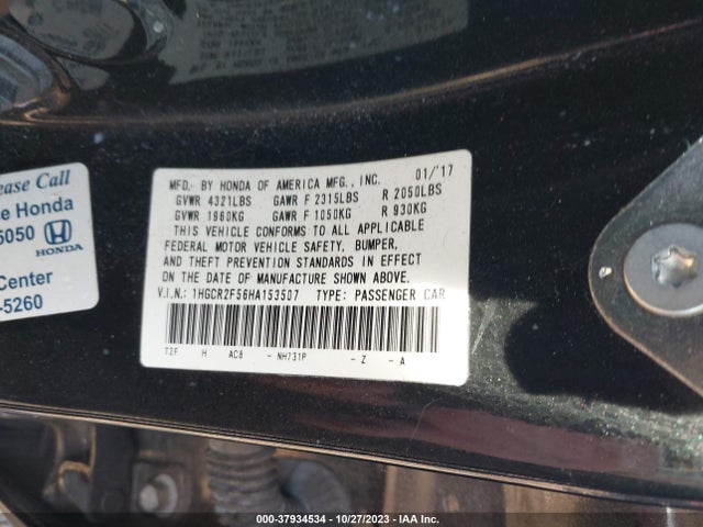 2017 HONDA ACCORD SEDAN SPORT VIN: 1HGCR2F56HA153507