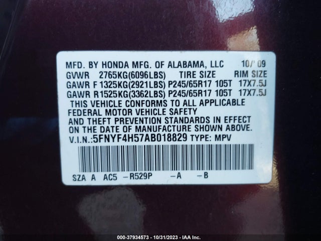 2010 HONDA PILOT EX-L VIN: 5FNYF4H57AB018829