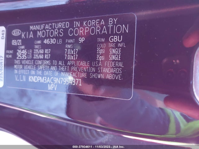 2022 KIA SPORTAGE LX VIN: KNDPM3AC9N7954371