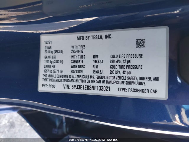 Tesla Model 3 Long Range Dual Motor 2022 5YJ3E1EB3NF133021 Image 9