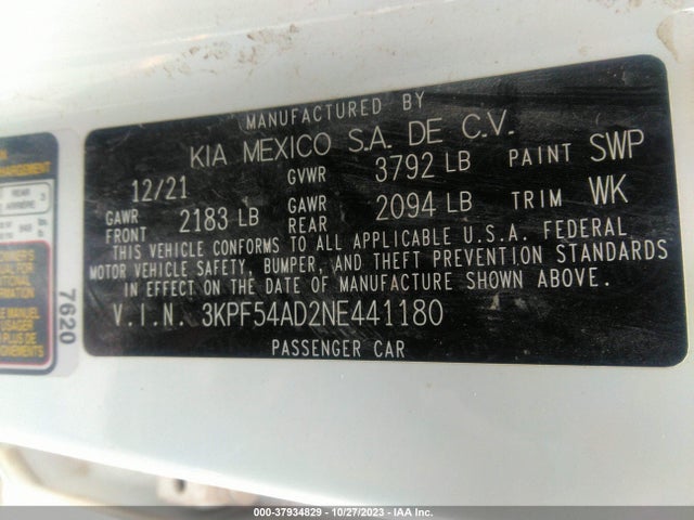 2022 KIA FORTE GT LINE VIN: 3KPF54AD2NE441180