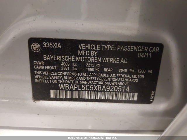 2011 BMW 335I XDRIVE VIN: WBAPL5C5XBA920514