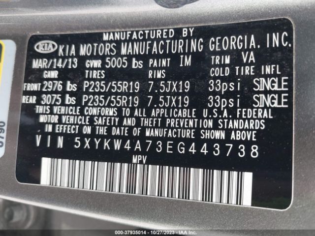 5XYKW4A73EG443738 KIA Sorento Sx Limited