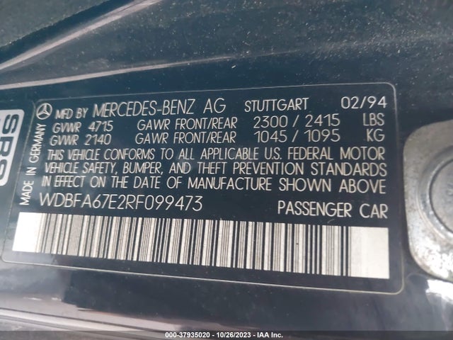 1994 MERCEDES-BENZ SL 500 VIN: WDBFA67E2RF099473