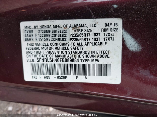 Продаж на аукціоні авто 2015 Honda Odyssey Ex, vin: 5FNRL5H46FB089084, номер лоту: 37935055