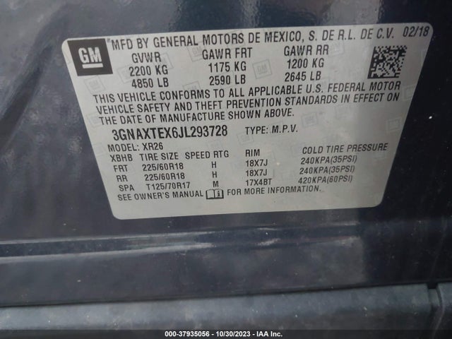 2018 CHEVROLET EQUINOX LT VIN: 3GNAXTEX6JL293728