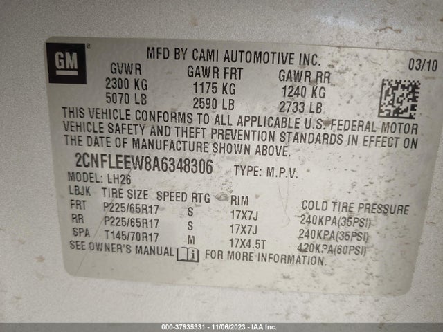 2010 CHEVROLET EQUINOX LT VIN: 2CNFLEEW8A6348306