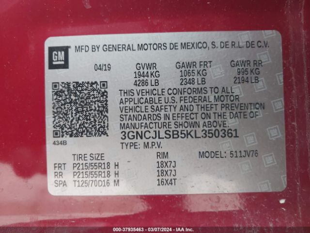 2019 CHEVROLET TRAX 3GNCJLSB5KL350361 Photo 8