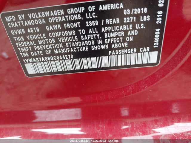 2016 VOLKSWAGEN PASSAT 1.8T R-LINE VIN: 1VWAS7A38GC044270