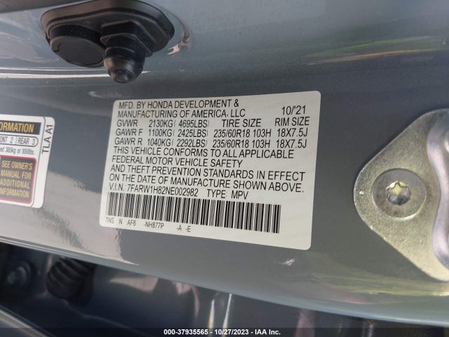 2022 HONDA CR-V EX-L VIN: 7FARW1H82NE002982