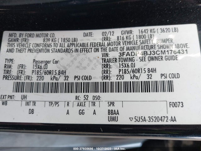 2012 FORD FIESTA SE VIN: 3FADP4BJ3CM176431