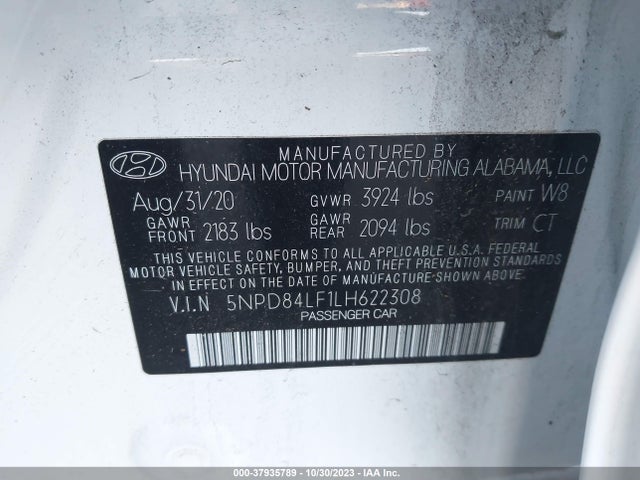2020 HYUNDAI ELANTRA SEL VIN: 5NPD84LF1LH622308