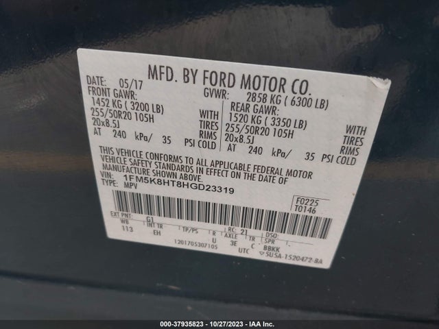 2017 FORD EXPLORER PLATINUM VIN: 1FM5K8HT8HGD23319