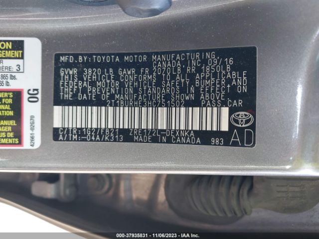 2T1BURHE3HC751502 Toyota COROLLA LE