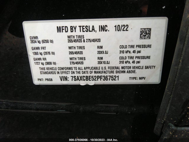 2023 TESLA MODEL X STANDARD RANGE/DUAL MOTOR ALL-WHEEL DRIVE VIN: 7SAXCBE52PF367521