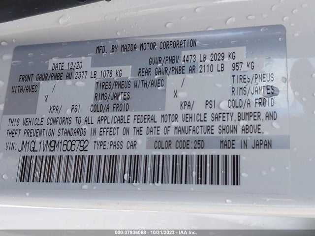 2021 MAZDA MAZDA6 TOURING VIN: JM1GL1VM9M1606792