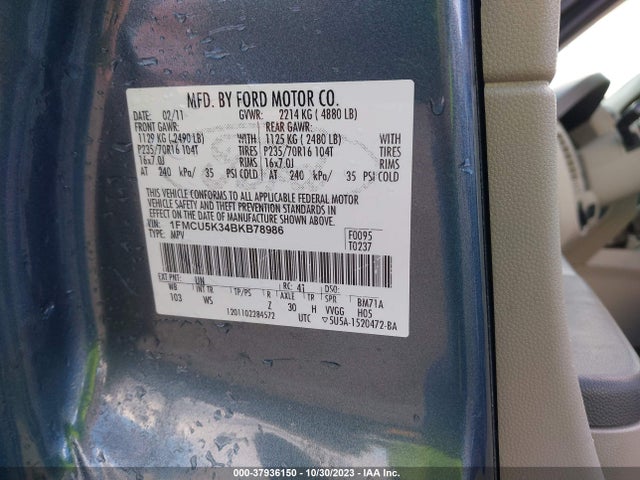 2011 FORD ESCAPE HYBRID VIN: 1FMCU5K34BKB78986