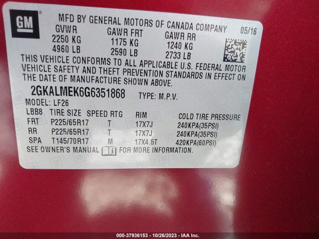 GMC Terrain Sle 2016 2GKALMEK6G6351868 Image 9