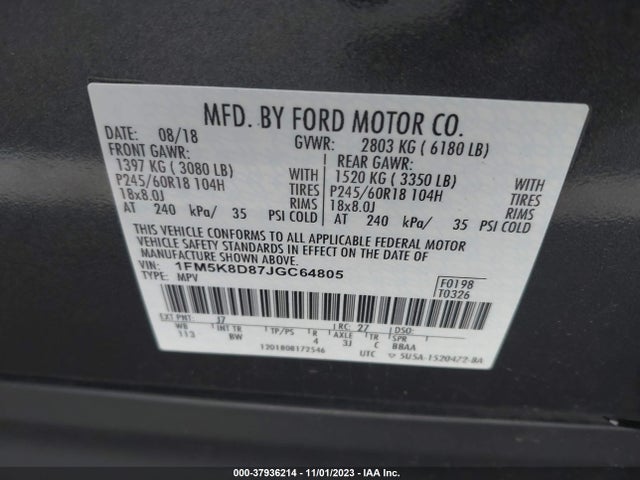 2018 FORD EXPLORER XLT VIN: 1FM5K8D87JGC64805
