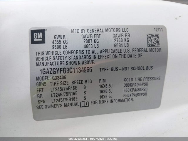 2012 CHEVROLET EXPRESS PASSENGER 1LT VIN: 1GAZGYFG3C1134966