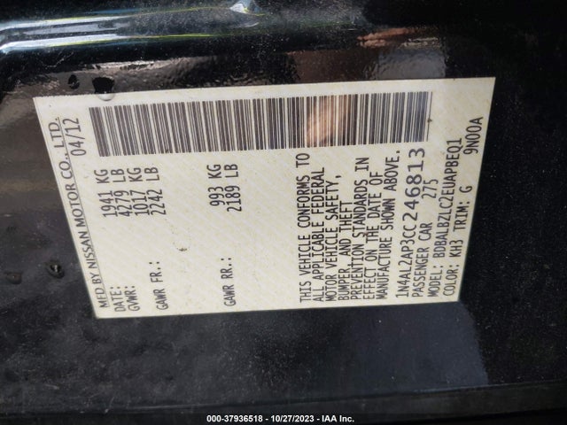 2012 NISSAN ALTIMA 2.5 SL VIN: 1N4AL2AP3CC246813