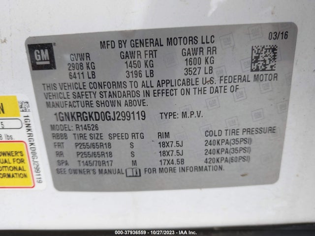 Chevrolet Traverse 1lt 2016 1GNKRGKD0GJ299119 Image 9