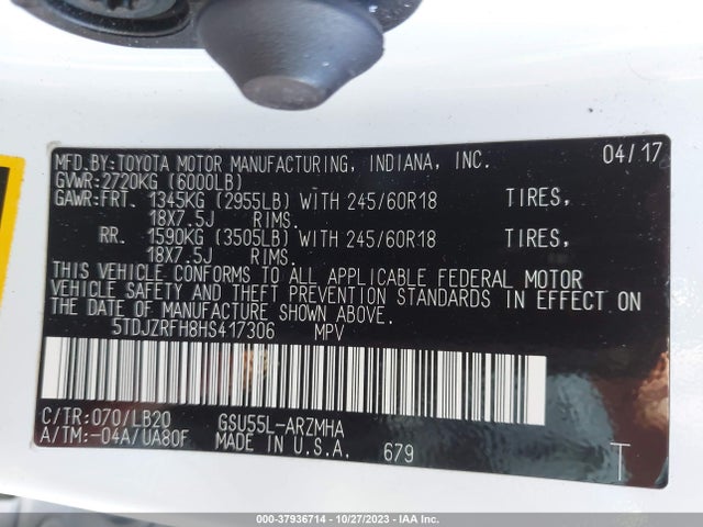 2017 TOYOTA HIGHLANDER XLE/SE VIN: 5TDJZRFH8HS417306