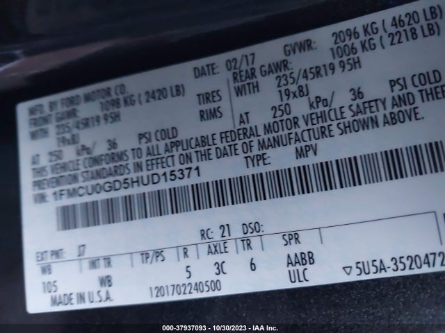 2017 FORD ESCAPE SE VIN: 1FMCU0GD5HUD15371