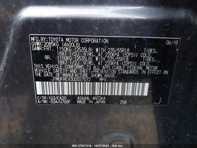 2013 TOYOTA RAV4 LIMITED VIN: JTMDFREV3DD027572
