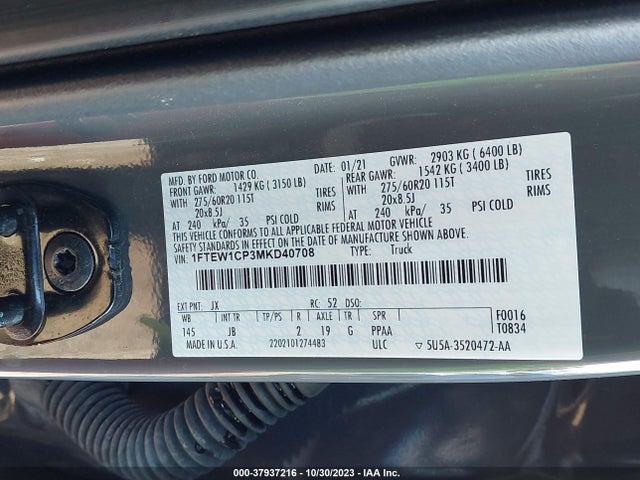 2021 FORD F-150 XL VIN: 1FTEW1CP3MKD40708