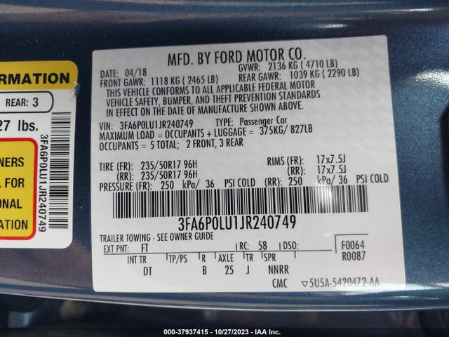 2018 FORD FUSION HYBRID SE VIN: 3FA6P0LU1JR240749