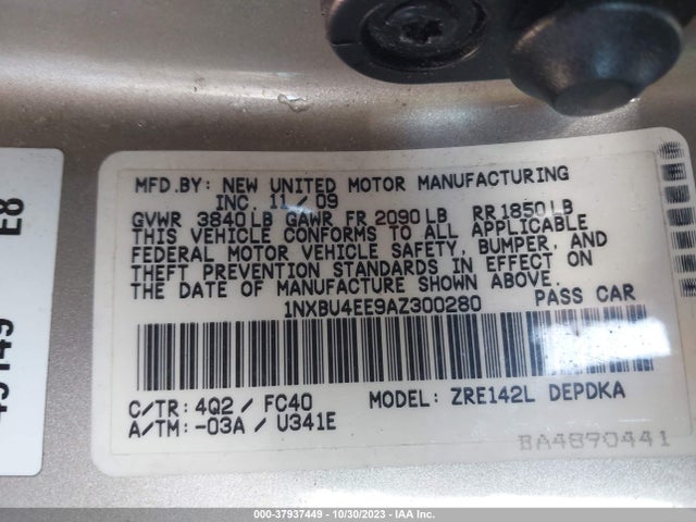 2010 TOYOTA COROLLA VIN: 1NXBU4EE9AZ300280