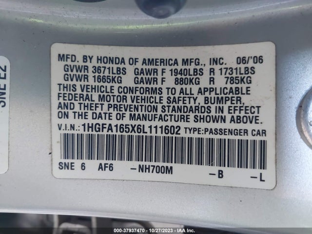 2006 HONDA CIVIC SDN LX VIN: 1HGFA165X6L111602