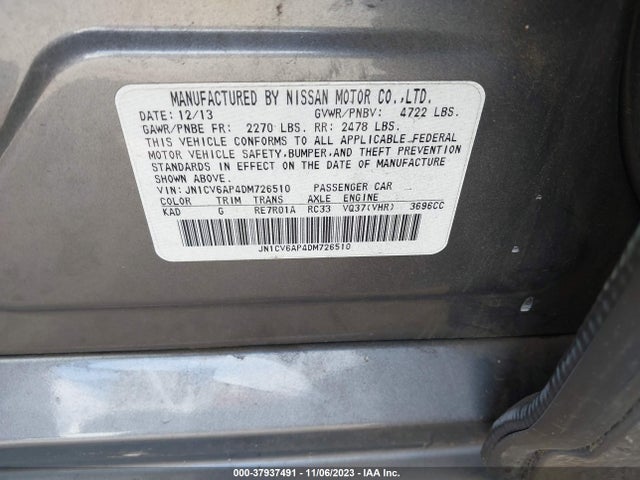 2013 INFINITI G37 SEDAN JOURNEY VIN: JN1CV6AP4DM726510