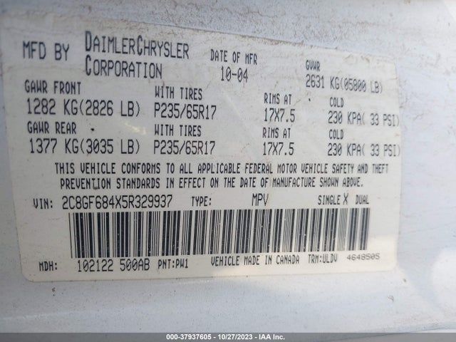 2005 CHRYSLER PACIFICA TOURING VIN: 2C8GF684X5R329937