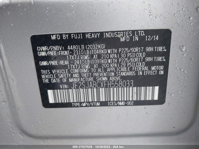 Продаж на аукціоні авто 2015 Subaru Forester 2.5i, vin: JF2SJABCXFH558033, номер лоту: 37937638