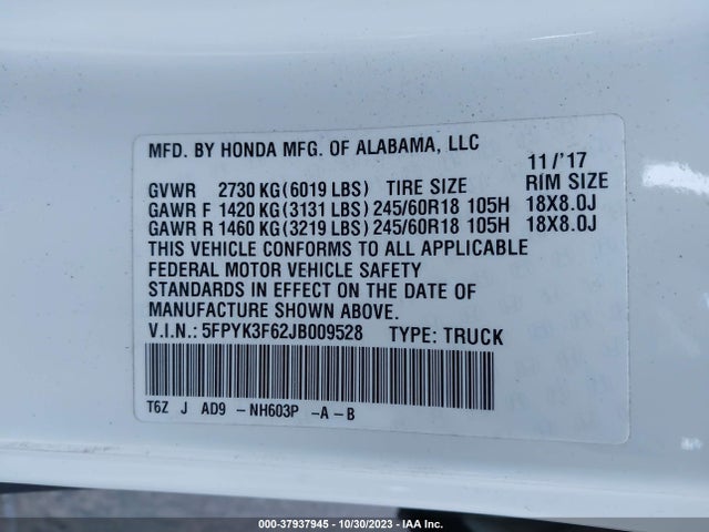Honda Ridgeline Rtl-t 2018 5FPYK3F62JB009528 Image 9